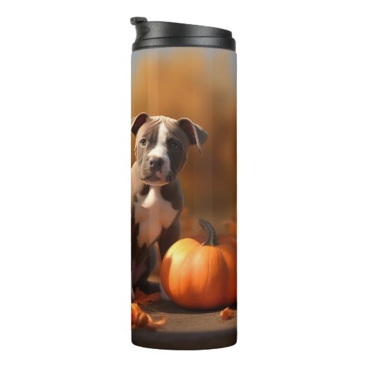 Pitbull Welpe Herbst Delight Pumpkin Thermosbecher (Nach rechts gedreht)