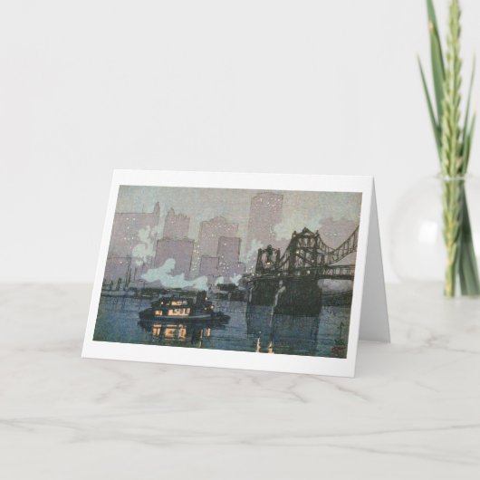 Pittsburgh bei Nacht, Hiroshi Yoshida, Woodcut Karte (Vorderseite)