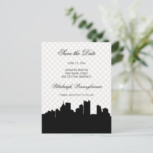 Pittsburgh Black and White Lace Save the Date Ankündigungspostkarte (Stehend Vorderseite)