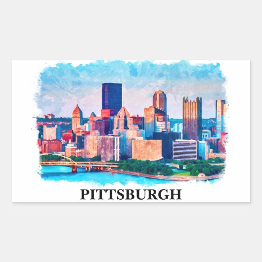 Pittsburgh Cityscape Aquarellbilder Rechteckiger Aufkleber (Vorderseite)