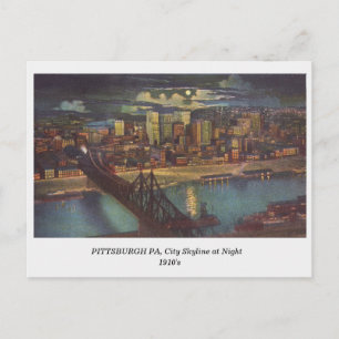 Pittsburgh PA, Stadt-Skyline bei Nacht alte Postka Postkarte