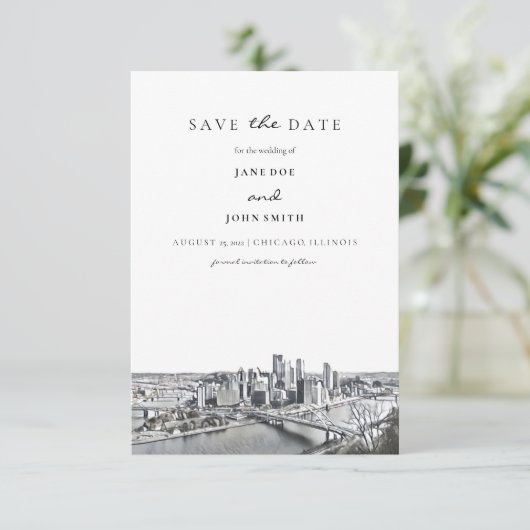 Pittsburgh Skyline Save the Date Karte (Stehend Vorderseite)
