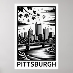 Pittsburgh Skyline Schwarz-Weiß Winter Stadt Poster