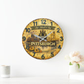 Pittsburgh Steel City Vintage Skyline Große Wanduhr (Zuhause)