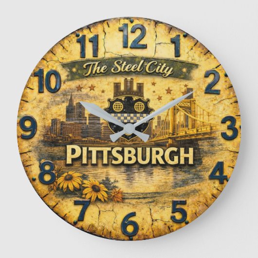 Pittsburgh Steel City Vintage Skyline Große Wanduhr (Vorderseite)