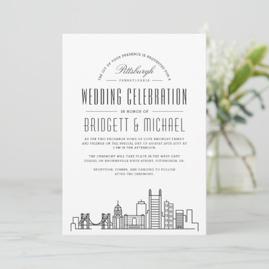 Pittsburgh Wedding | Moderner Deko Skyline Einladung (Stehend Vorderseite)