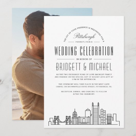 Pittsburgh Wedding | Moderner Deko Skyline Einladung (Vorne/Hinten)