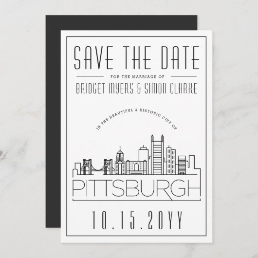 Pittsburgh Wedding |Stilisierte Skyline Save the D Einladung (Vorne/Hinten)