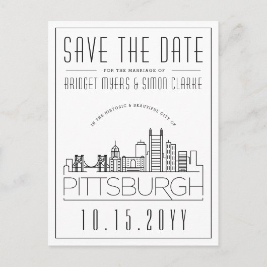 Pittsburgh Wedding Stylized Skyline Save the Date Postkarte (Vorderseite)