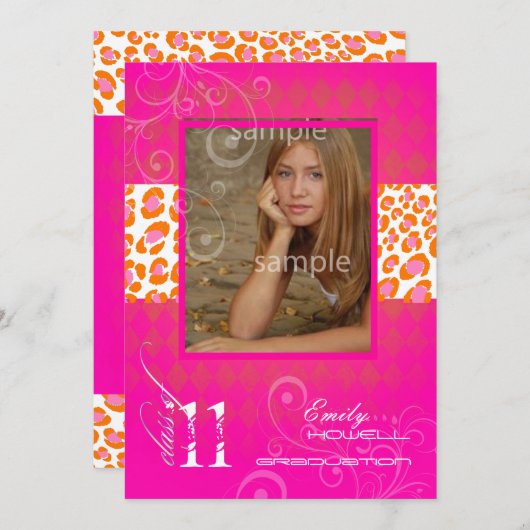 Pix Dezines 2011 Abschluss, Hot Pink Harlequin Einladung (Vorne/Hinten)