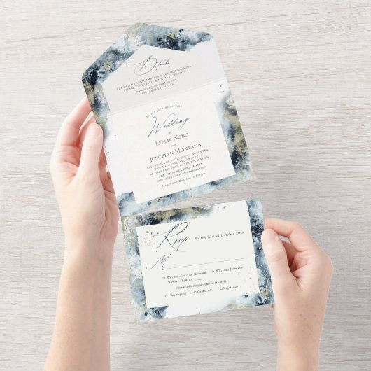 Pix Dezines Abstrakt Galaxy Midnight Blue Gold All In One Einladung (Abreißen)