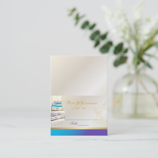 ✡ Pix Dezines Aqua/Lila Tallit B'nai Mitzvah Platzkarte (Stehend Vorderseite)