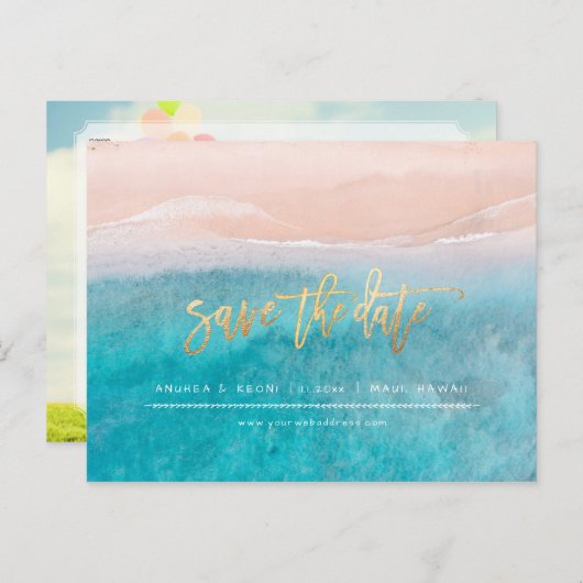 Pix Dezines Beach Imitate Gold Moderne Pinselschri Ankündigungspostkarte (Vorne/Hinten)