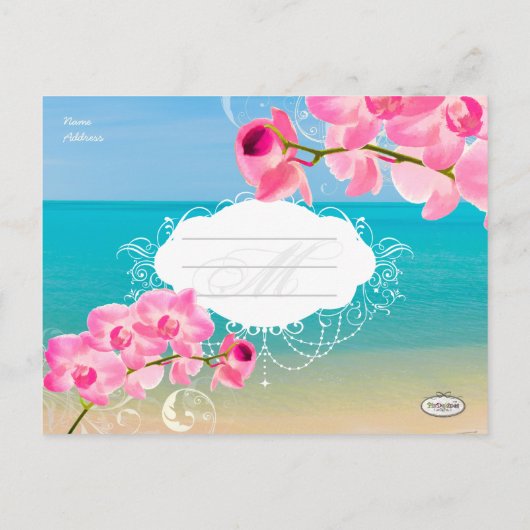 Pix Dezines beach+pink maui orchids Save the Date Ankündigungspostkarte (Rückseite)