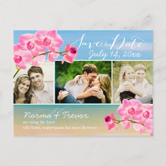 Pix Dezines beach+pink maui orchids Save the Date Ankündigungspostkarte (Vorderseite)