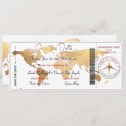 Pix Dezines Boarding Pass Save the Date, Weltkarte Einladung (Vorne/Hinten)