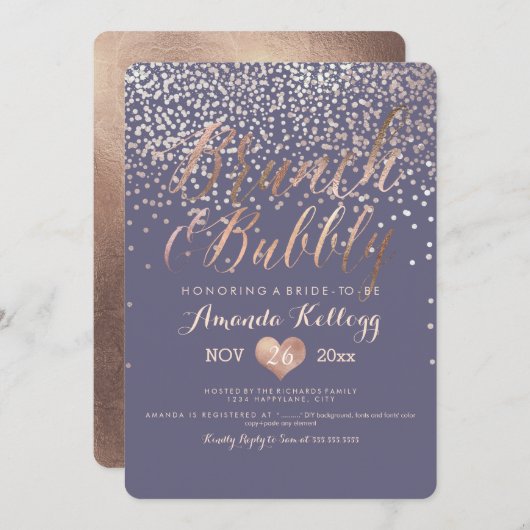 Pix Dezines Brunch & Bubbly getanzt in Rose Gold Einladung (Vorne/Hinten)