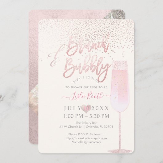 Pix Dezines Brunch Bubbly/Pink Champagne Confetti Einladung (Vorne/Hinten)