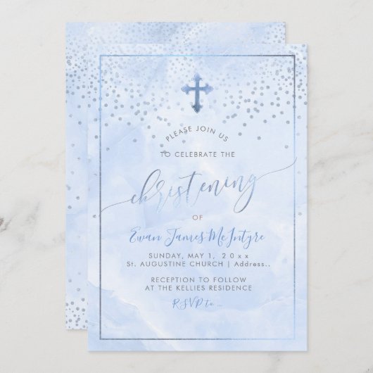 Pix Dezines Corn Blume Blauer Marmor Christening Einladung (Vorne/Hinten)