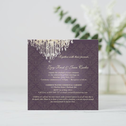 Pix Dezines Crystal Chandelier + Celine Damask Einladung (Stehend Vorderseite)