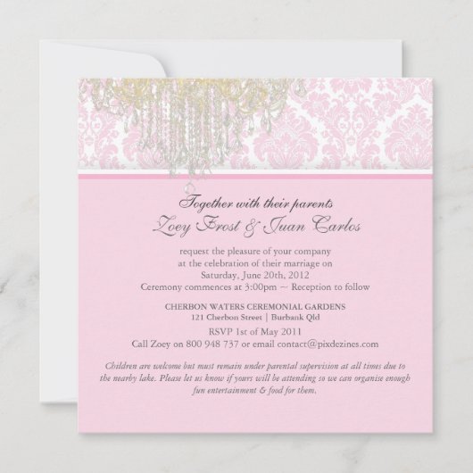 Pix Dezines Crystal Chandelier + Moiré Damask Einladung (Vorderseite)