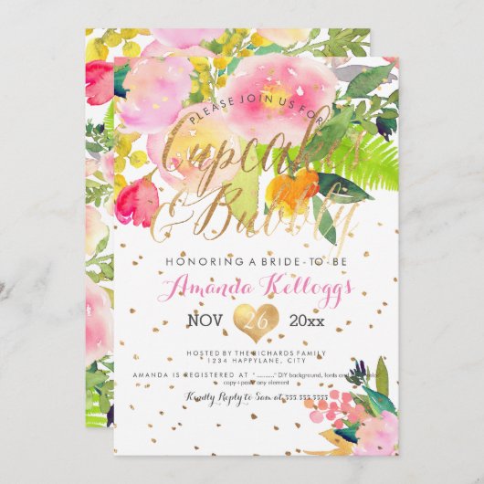 Pix Dezines Cupcakes & Bubbly Spring Floral Einladung (Vorne/Hinten)