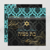 Pix Dezines DIY aquamarin Vendome Damask, Bat Mitz Einladung (Vorne/Hinten)