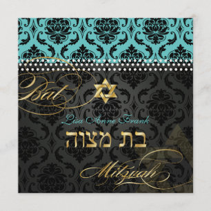 Pix Dezines DIY aquamarin Vendome Damask, Bat Mitz Einladung