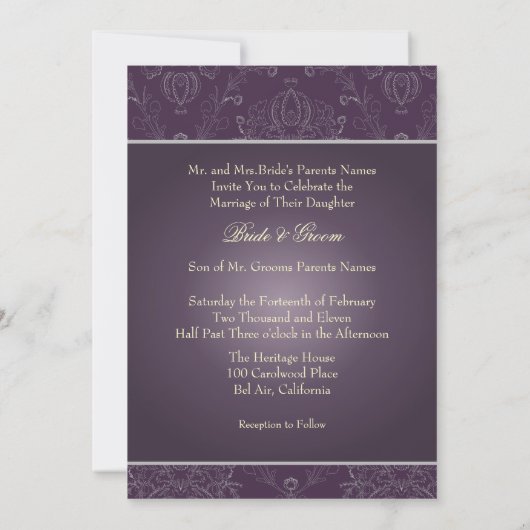 Pix Dezines Dolcè Damask / Plum+Silvery Grau Einladung (Rückseite)