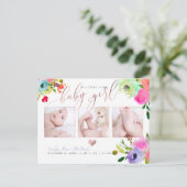 Pix Dezines Floral Watercolor Baby Girl Ankündigungspostkarte (Stehend Vorderseite)