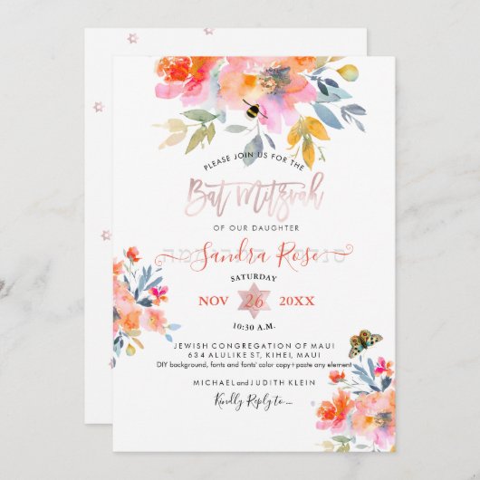 Pix Dezines Garden Rose Wasserfarben Bat Mitzvah Einladung (Vorne/Hinten)