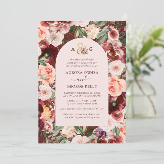 Pix Dezines Herbstliche Liebe H2 Marsala Rote Blum Einladung (Stehend Vorderseite)