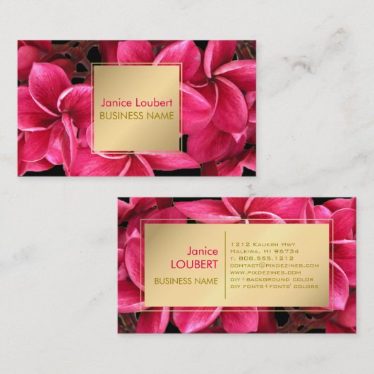 Pix Dezines Hot Pink Kona Plumeria/Imitats Gold Visitenkarte (Vorne/Hinten)