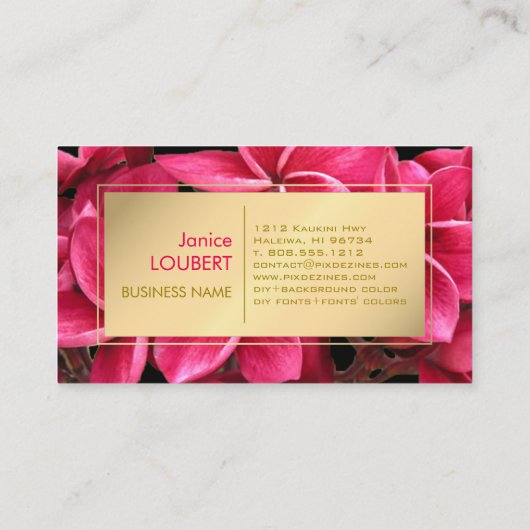 Pix Dezines Hot Pink Kona Plumeria/Imitats Gold Visitenkarte (Rückseite)