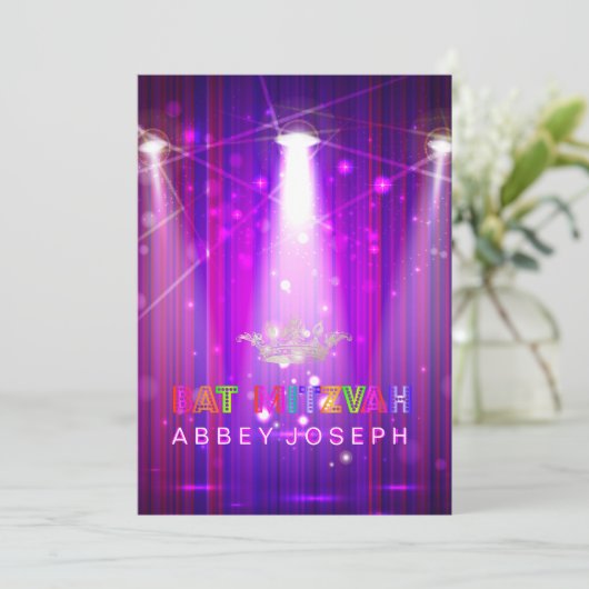 Pix Dezines Laser / Neon Lights Bat Mitzvah Einladung (Stehend Vorderseite)