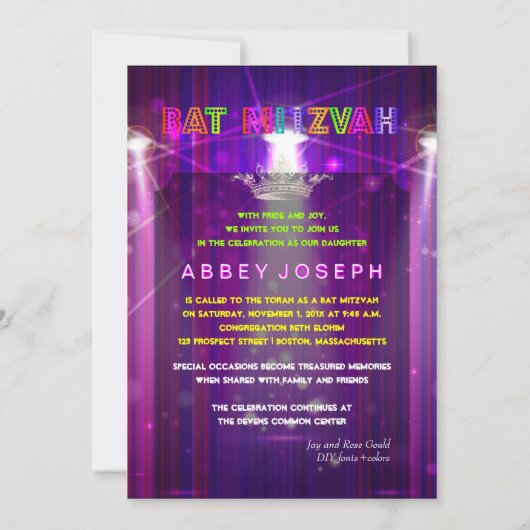 Pix Dezines Laser / Neon Lights Bat Mitzvah Einladung (Rückseite)