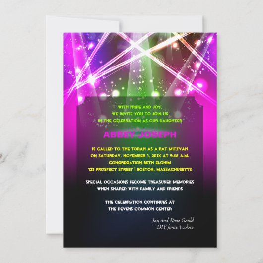 Pix Dezines Laser / Neon Lights Bat Mitzvah Einladung (Rückseite)