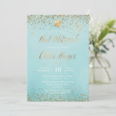 Pix Dezines Light Blue Gold Glitzer Bat Mitzvah Einladung (Stehend Vorderseite)