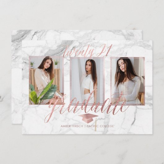 Pix Dezines Marmor Imitat Rose Gold Abschluss Einladung (Vorne/Hinten)