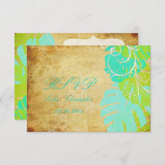 Pix Dezines monstera Blätter+Perlhühner Wirbel RSVP Karte (Vorne/Hinten)