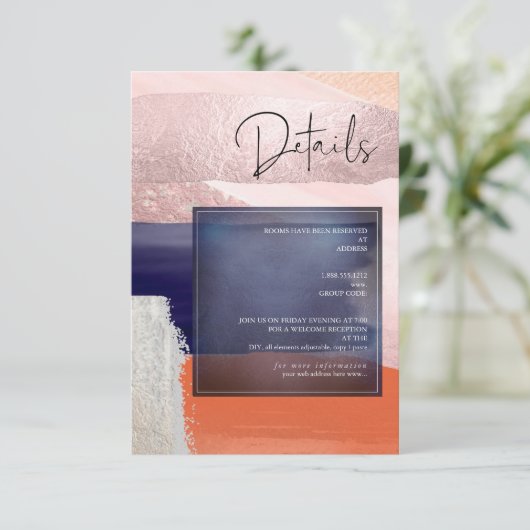 Pix Dezines Navy+Rose Gold Moderne Kunst Details K RSVP Karte (Stehend Vorderseite)