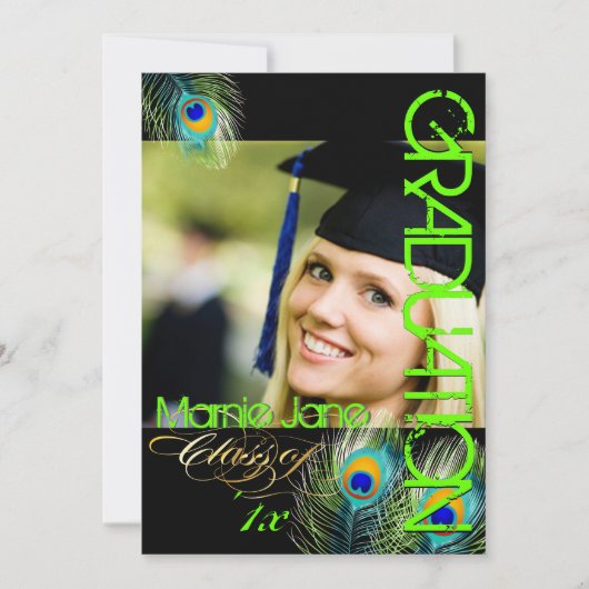 Pix Dezines Neon Green Peacock Feather Abschluss Einladung (Vorderseite)