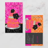 Pix Dezines Orange+Hot Pink Damask cake/pâtisserie Visitenkarte (Vorne/Hinten)