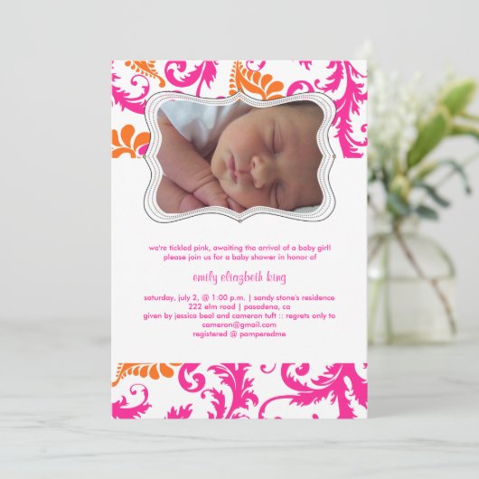 Pix Dezines Pavo Damask/Geburtsmeldung/Dusche Einladung (Stehend Vorderseite)