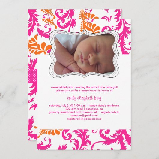 Pix Dezines Pavo Damask/Geburtsmeldung/Dusche Einladung (Vorne/Hinten)