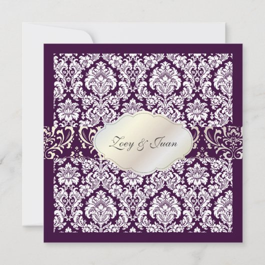 Pix Dezines Plum Moiré Damask/Crystal Chandelier Einladung (Rückseite)