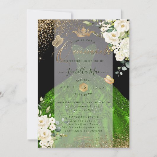 Pix Dezines Quinceanera Emerald Green Glitzer Gown Einladung (Rückseite)