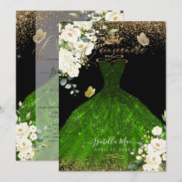 Pix Dezines Quinceanera Emerald Green Glitzer Gown Einladung