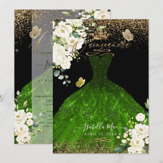 Pix Dezines Quinceanera Emerald Green Glitzer Gown Einladung