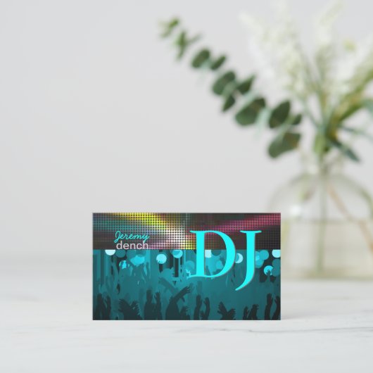 Pix Dezines Retro DJ+Tanzsaal/Aquablau Visitenkarte (Stehend Vorderseite)